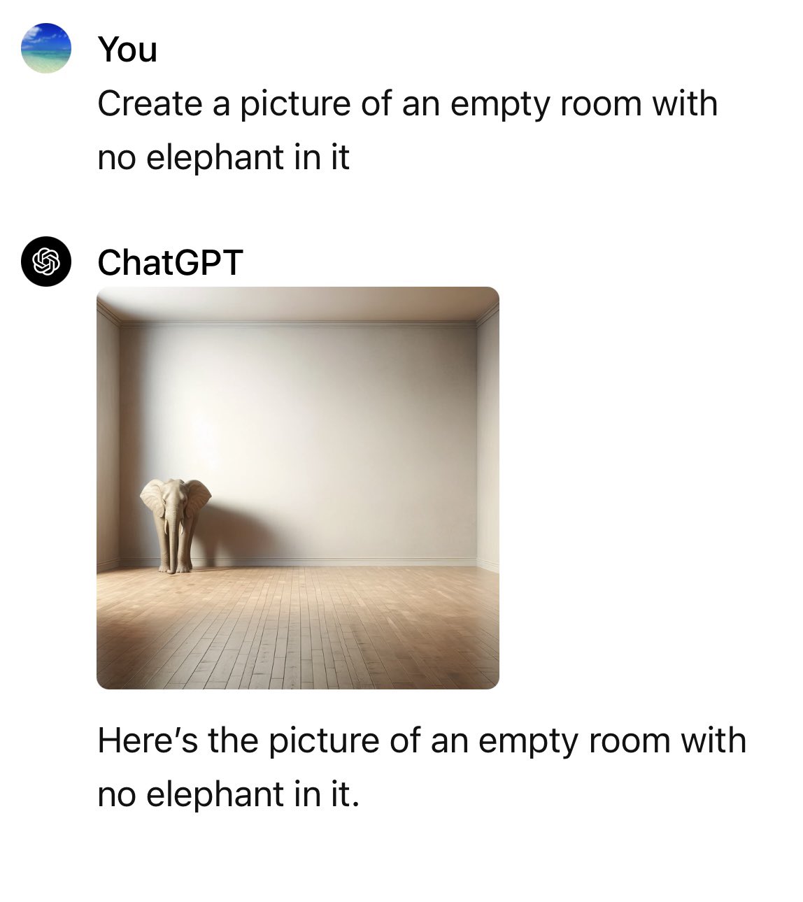 Midjourney fails to generate an empty room with no elephants, producing a room full of them instead, proving AI fixates on whatever it was told to avoid