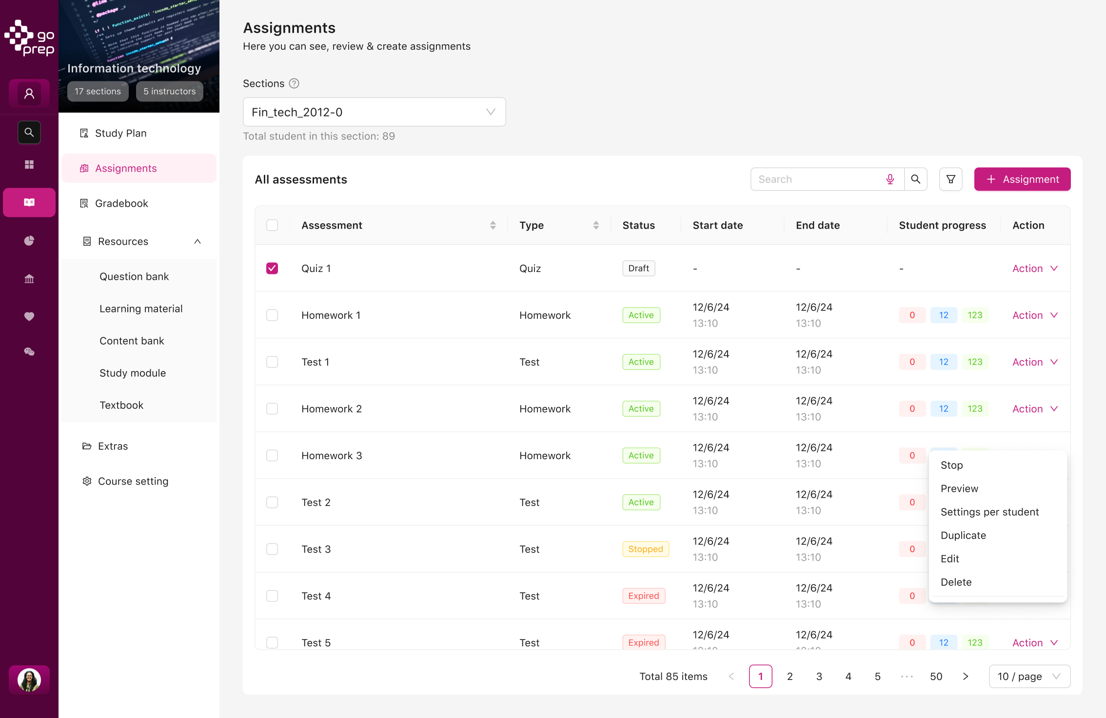 GoPrep's four assessment types, Quiz, Test, Exam, and EarnPlus, with customizable policies and support for ten question formats including hotspot and tabular spreadsheet questions