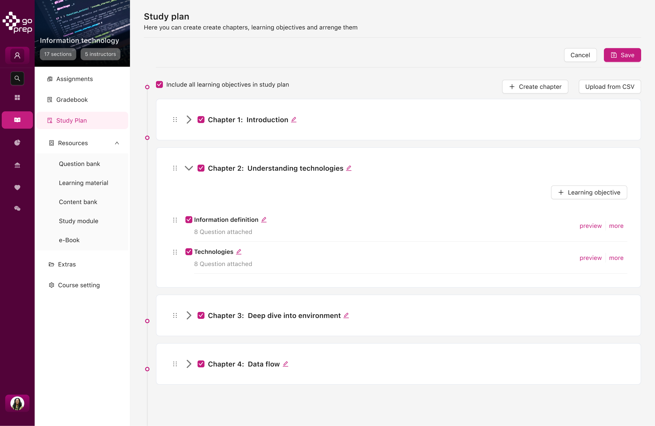 GoPrep's study plan view where instructors organize chapters and objectives using a block editor, and students follow each module with text, video, and embedded interactive tools