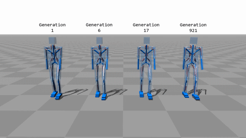 Simulated robots across multiple generations learning to walk through evolutionary algorithms, each generation inheriting and mutating the movement strategies that survived