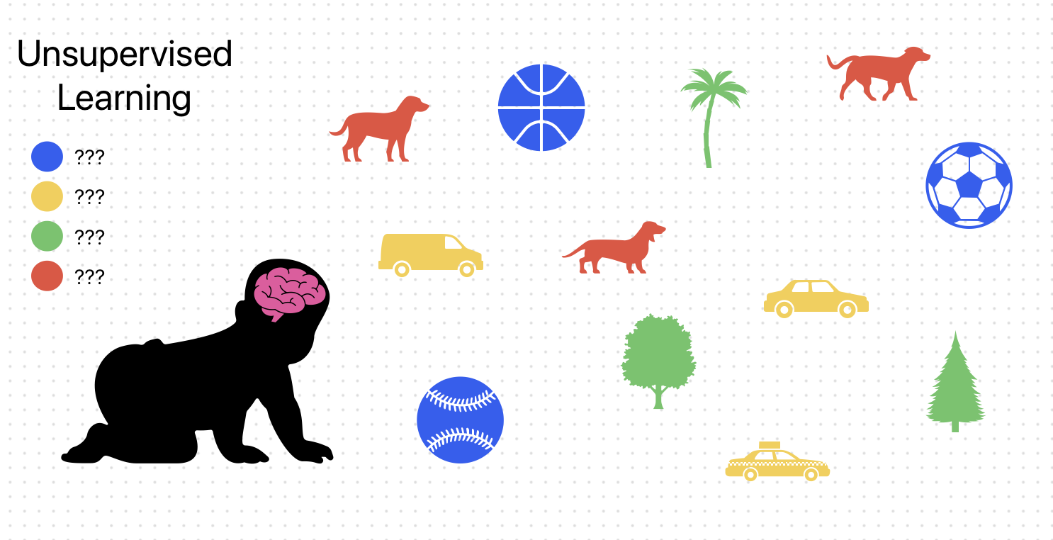 Supervised learning pairing labeled dog photos with the word dog, training the model to map visual patterns to concepts exactly as a parent names objects for a child