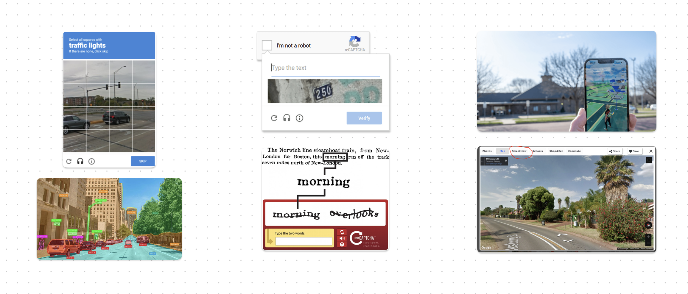 Four everyday examples of users unknowingly training AI: reCAPTCHA image selection, chatbot answer ratings, Instagram engagement signals, and traffic light object identification tasks