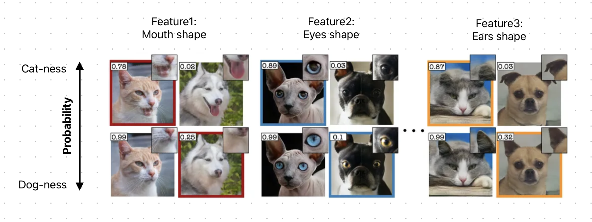 An AI model feature map highlighting the ear shape and fur texture it actually uses to tell a dog from a muffin, rather than counting blueberries or checking background color