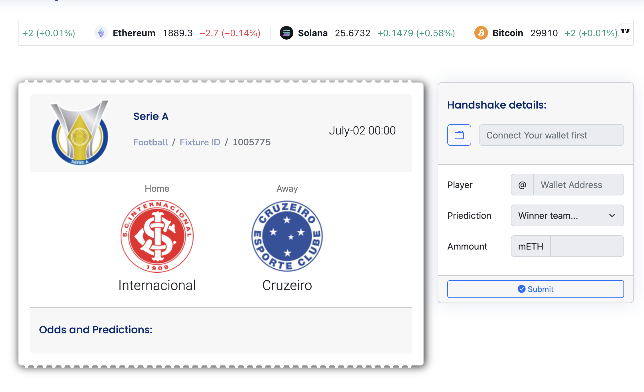 Prototype betting interface showing active handshakes, match fixtures, and bet status in a single view, the core flow from browsing available bets to accepting one